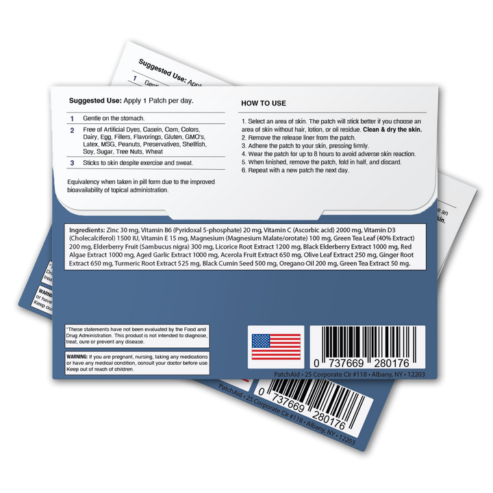 Three Immune Defense Plus Patch packets are stacked, showing usage directions, ingredient list with Zinc and Vitamins C &amp; D, barcode, and a small American flag on a blue strip. Packs available in 1-Pack size for transdermal immune support.