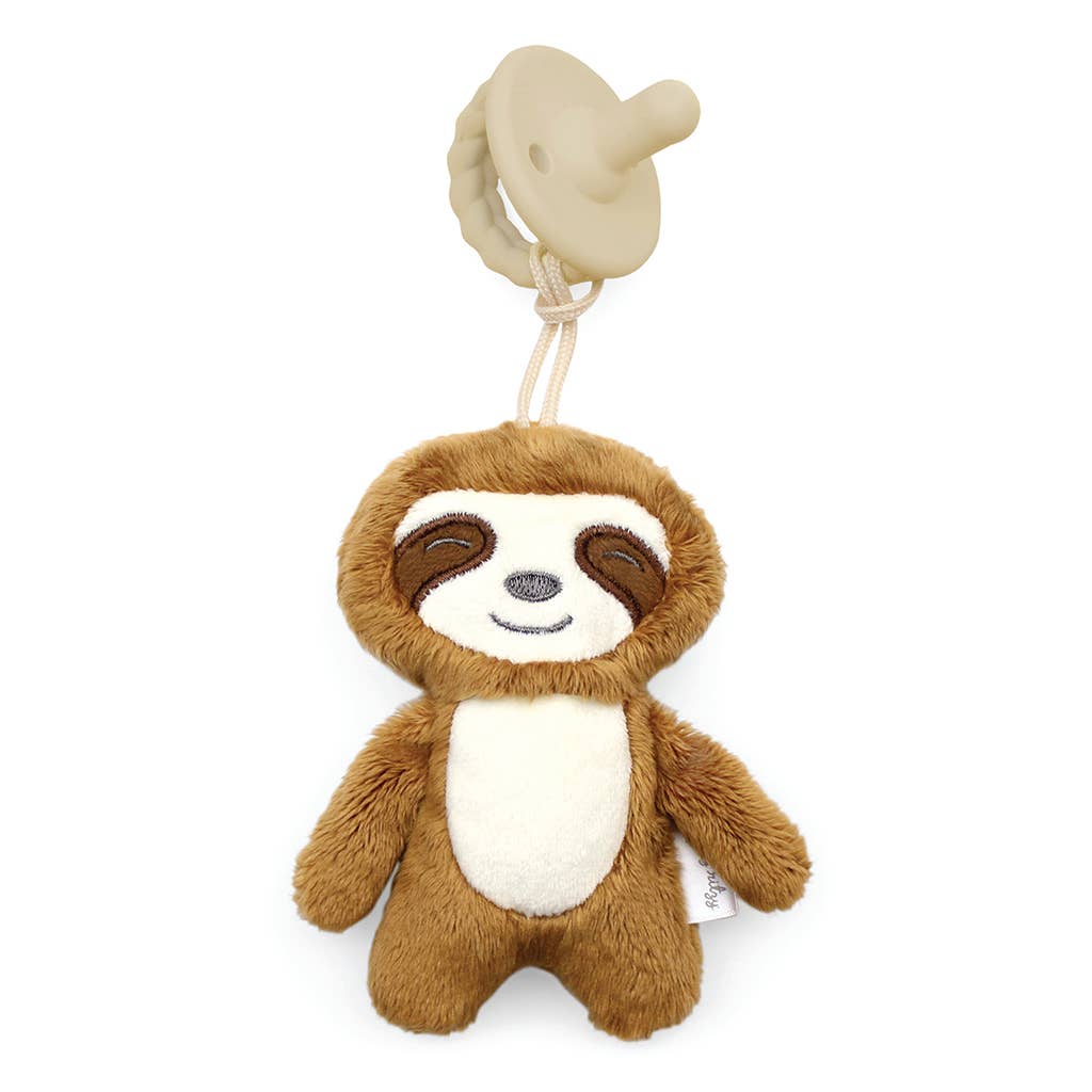 Plush toy sloth with a smiling face, featuring soft brown fur and a cream-colored belly, attached to a gray Sweetie Pal™ Plush & Pacifier: Dino by a string.