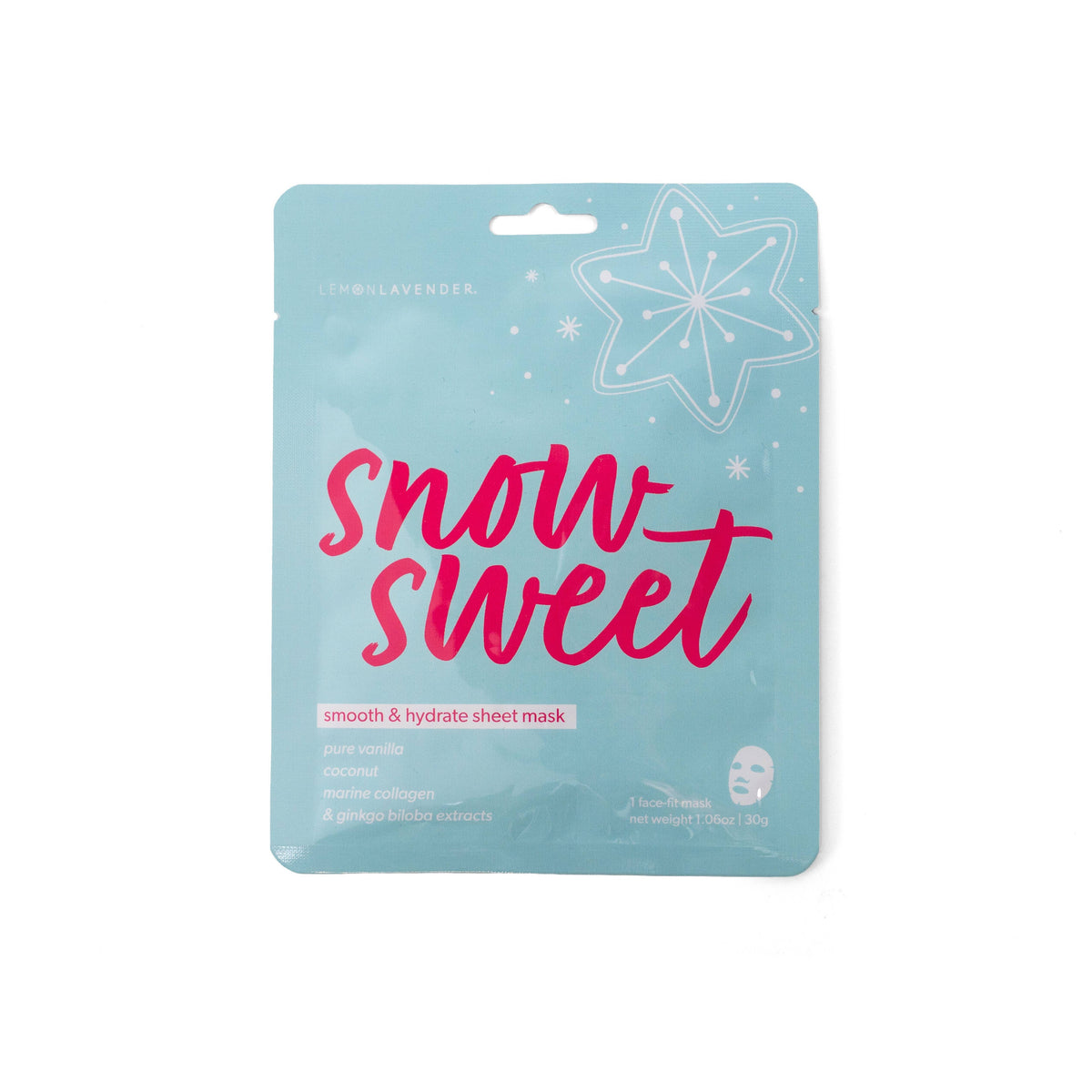 A blue Lemon Lavender Let It Glow Holiday Face Mask packet with a white star and pink text. Single-use, made in Korea, ingredients include vanilla, coconut, marine collagen, and ginkgo biloba. Available in one size.