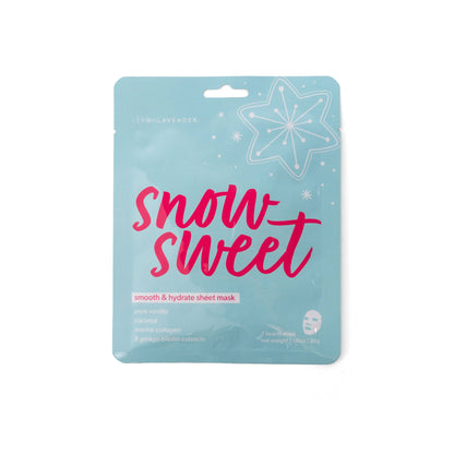 A blue Lemon Lavender Let It Glow Holiday Face Mask packet with a white star and pink text. Single-use, made in Korea, ingredients include vanilla, coconut, marine collagen, and ginkgo biloba. Available in one size.