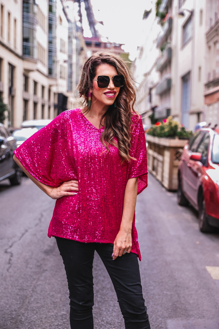 Hot pink Celebrity Status Sequin Top. Available in sizes XS-XL.