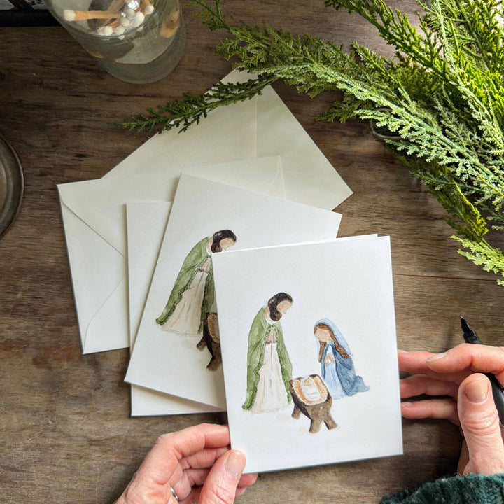 Holy family notecard set with watercolor nativity scene.