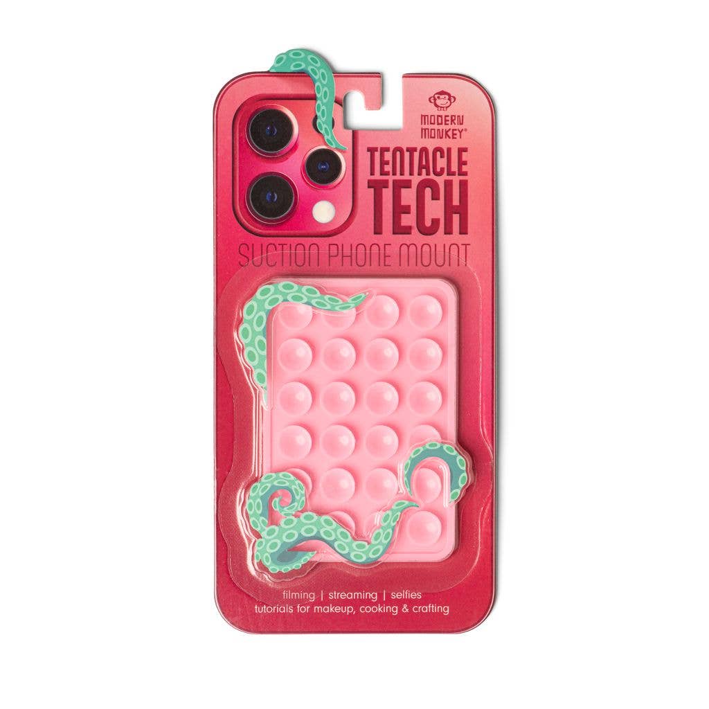 Pink silicone phone mount with green tentacles; available sizes: small, medium, large. Versatile for streaming and selfies.