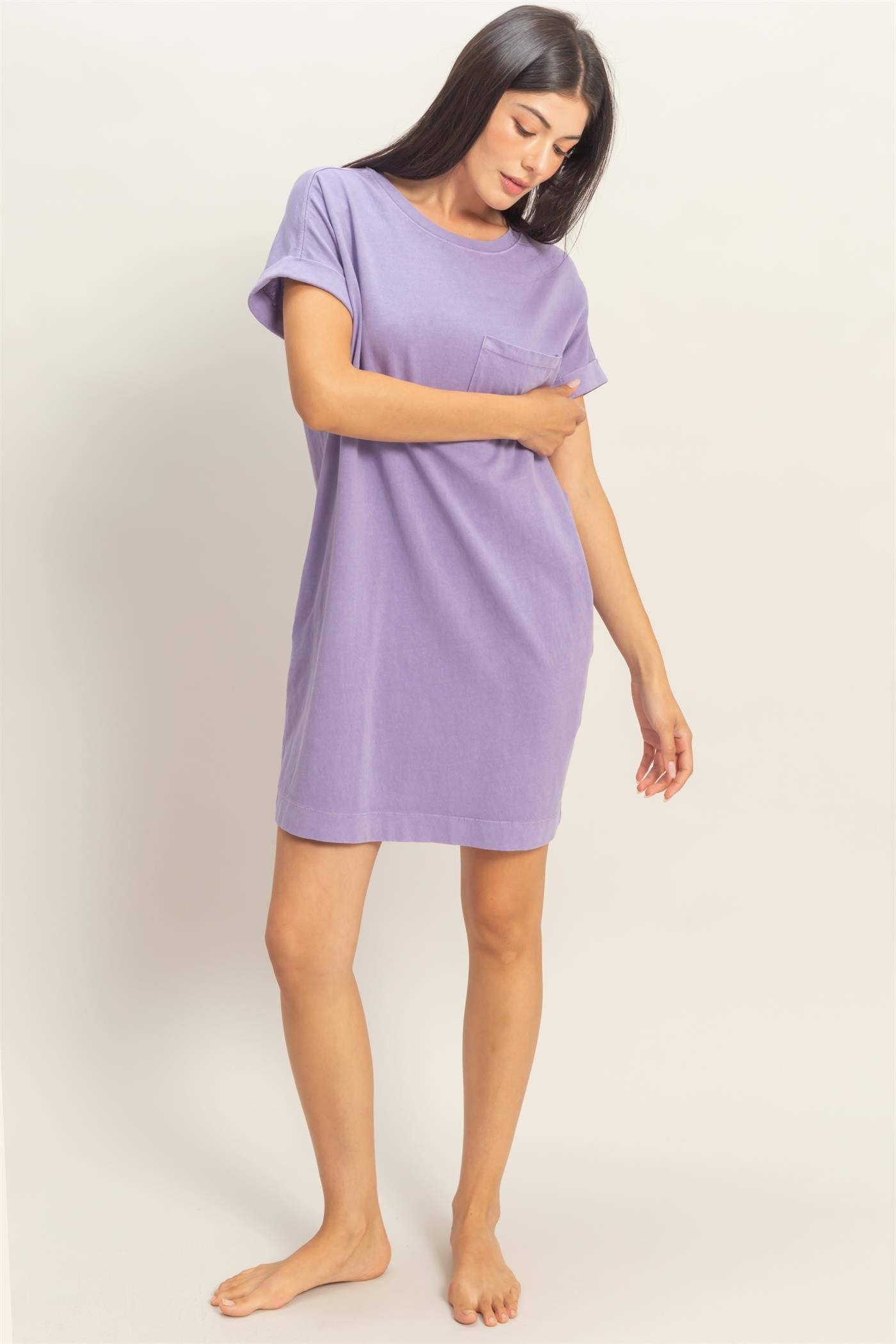 Relaxed Fit Crewneck T-Shirt Dress with short sleeves and chest pocket. Available in sizes XS–XL.