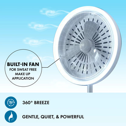 Transparent circular LED Mirror and Fan with built-in fan. Features: 360° breeze, gentle, quiet, & powerful. Ideal for sweat-free makeup application and travel. Enhances visibility with LED lighting. Available sizes: Small (5 inch), Medium (7 inch), Large (10 inch).