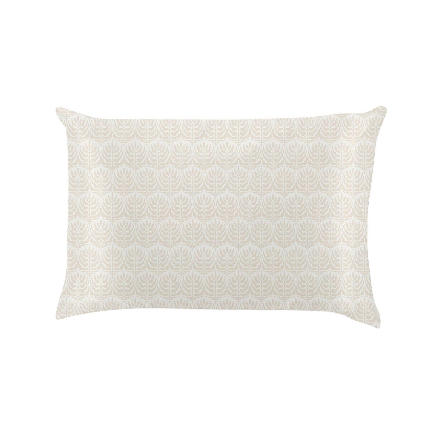 Silky pillowcase in pale beige with light leaf designs; available in standard and king sizes. Reduces frizz; enhances beauty sleep.