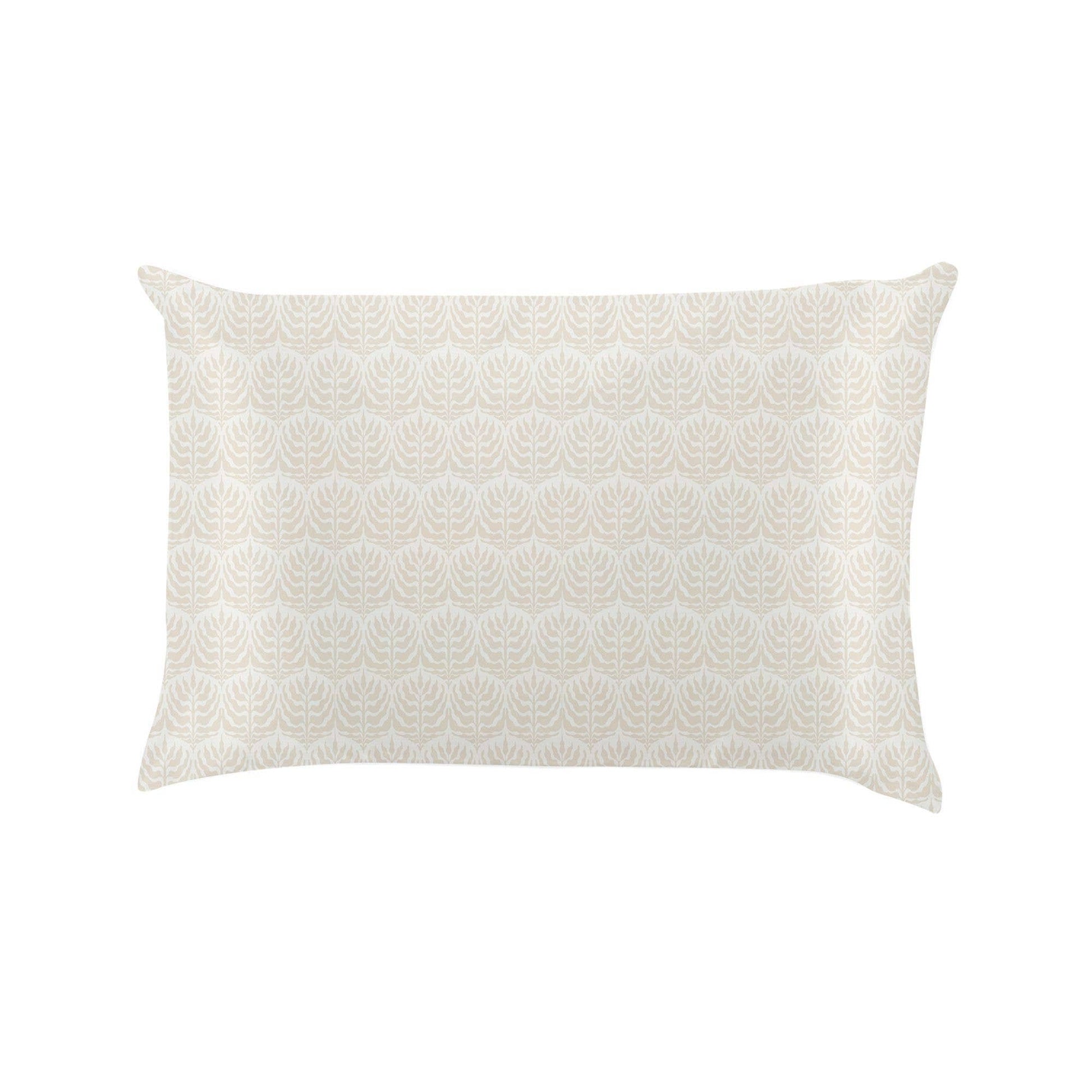 Silky pillowcase in pale beige with light leaf designs; available in standard and king sizes. Reduces frizz; enhances beauty sleep.