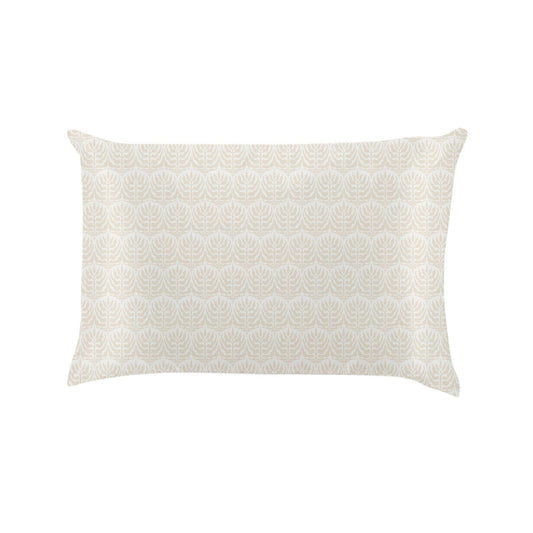 Silky pillowcase in pale beige with light leaf designs; available in standard and king sizes. Reduces frizz; enhances beauty sleep.