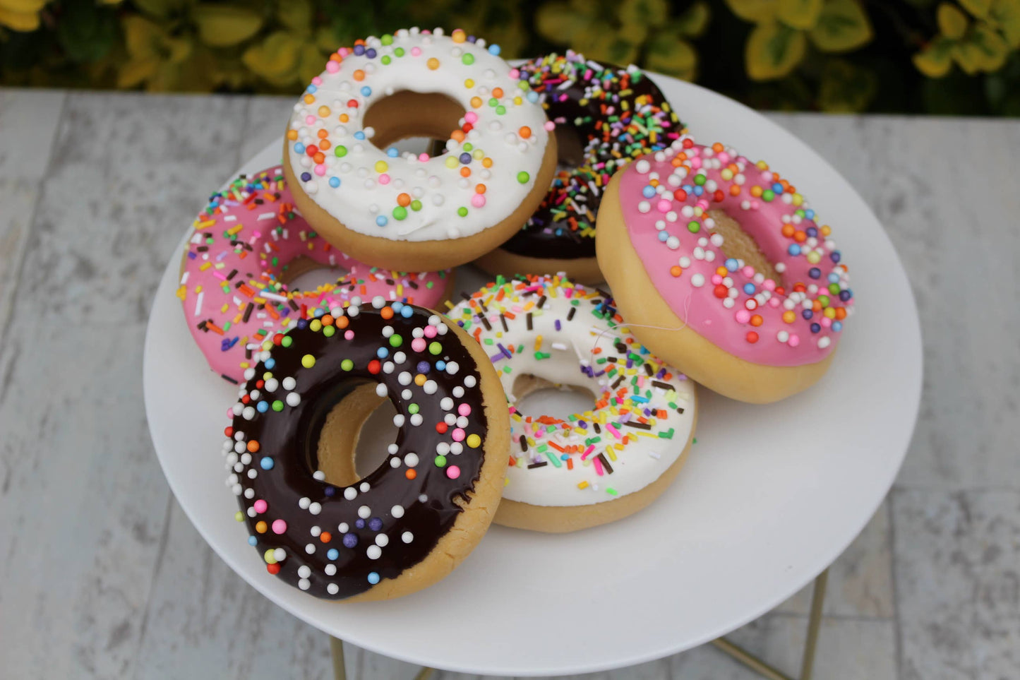 Assorted Fake Donuts with an array of toppings such as sprinkles and candy beads. Available in a standard plate size.