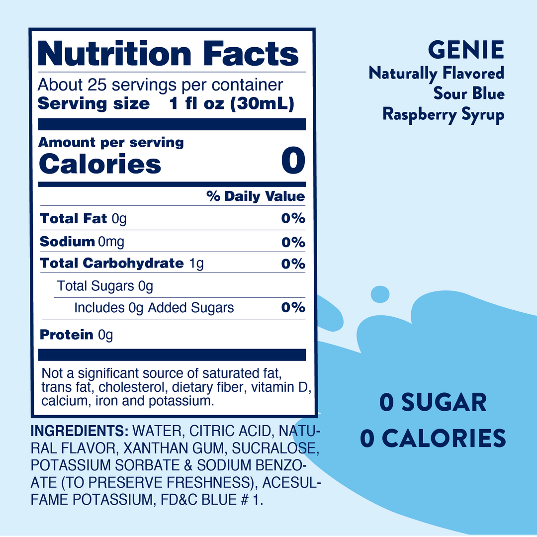 Sugar Free Sour Genie™ Syrup Nutrition Facts: 0 cal, 0g sugar, 0g fat per 1 fl oz. Ingredients listed. Shown in single size.