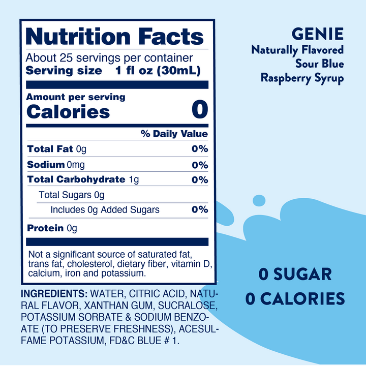 Sugar Free Sour Genie™ Syrup Nutrition Facts: 0 cal, 0g sugar, 0g fat per 1 fl oz. Ingredients listed. Shown in single size.
