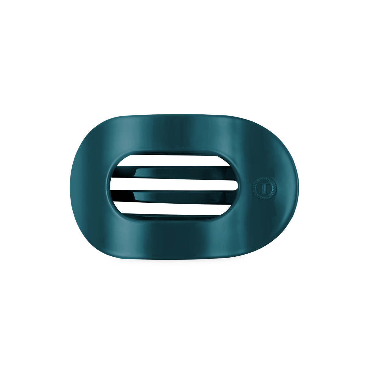 Dark teal, oval-shaped plastic soap dish with horizontal slots in the middle; available in standard size.