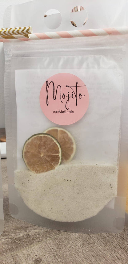 Clear pouch labeled "Adult Slush Drink Pouches" with white powder, lime slices, and striped straw. Available in multiple sizes.