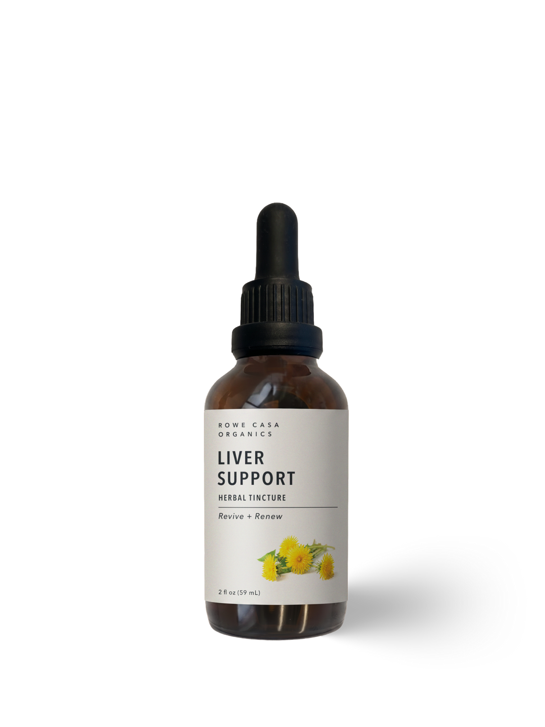 Brown glass dropper bottle labeled “Liver Support Herbal Tincture | 2 oz” with yellow flowers on the label. Available in 2 oz size.
