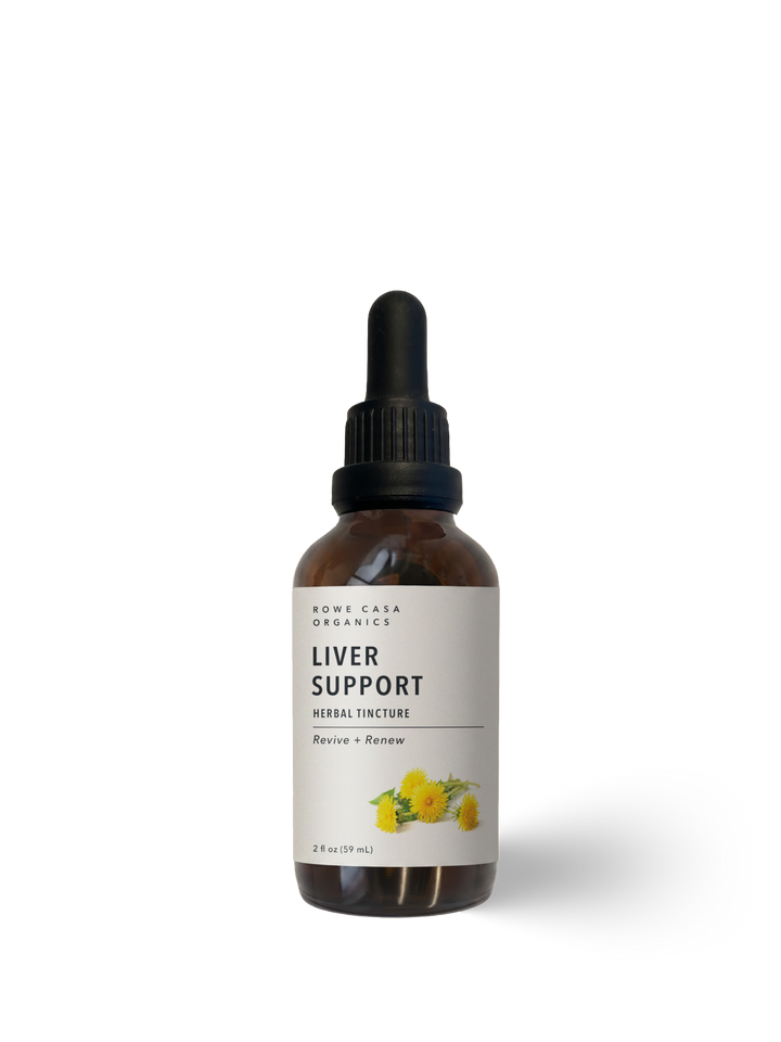 Brown glass dropper bottle labeled “Liver Support Herbal Tincture | 2 oz” with yellow flowers on the label. Available in 2 oz size.