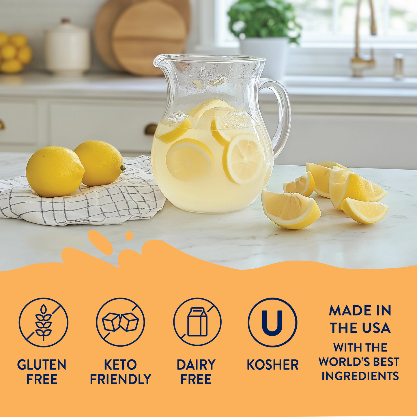 Glass pitcher of lemonade made with Sugar Free Lemonade Syrup Concentrate; gluten free, keto, dairy free, kosher, USA made. Sizes vary.