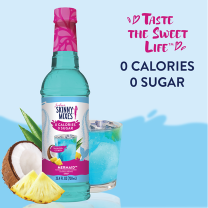 Sugar Free Mermaid™ Syrup bottle; text: "Taste the Sweet Life—0 Calories, 0 Sugar." Available in multiple sizes.