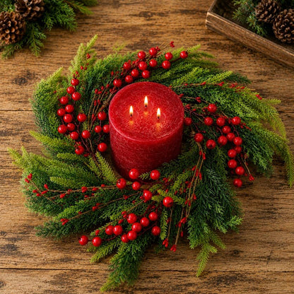 16″ green and red fir pine and red berries candle ring or wreath.