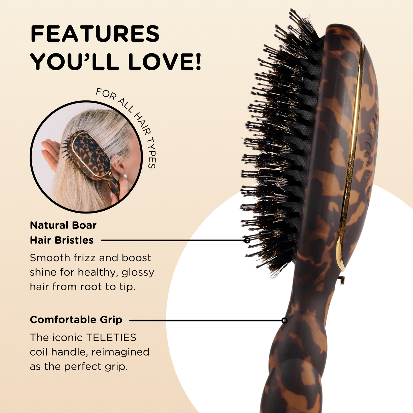 Boar Bristle Hair Brush | Tortoise with coil handle, smooths frizz, boosts shine, all hair types. Sizes: small, medium, large.