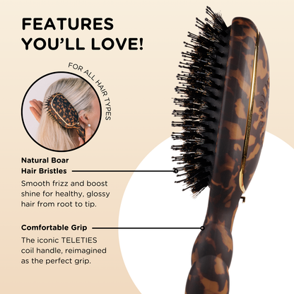 Boar Bristle Hair Brush | Tortoise with coil handle, smooths frizz, boosts shine, all hair types. Sizes: small, medium, large.