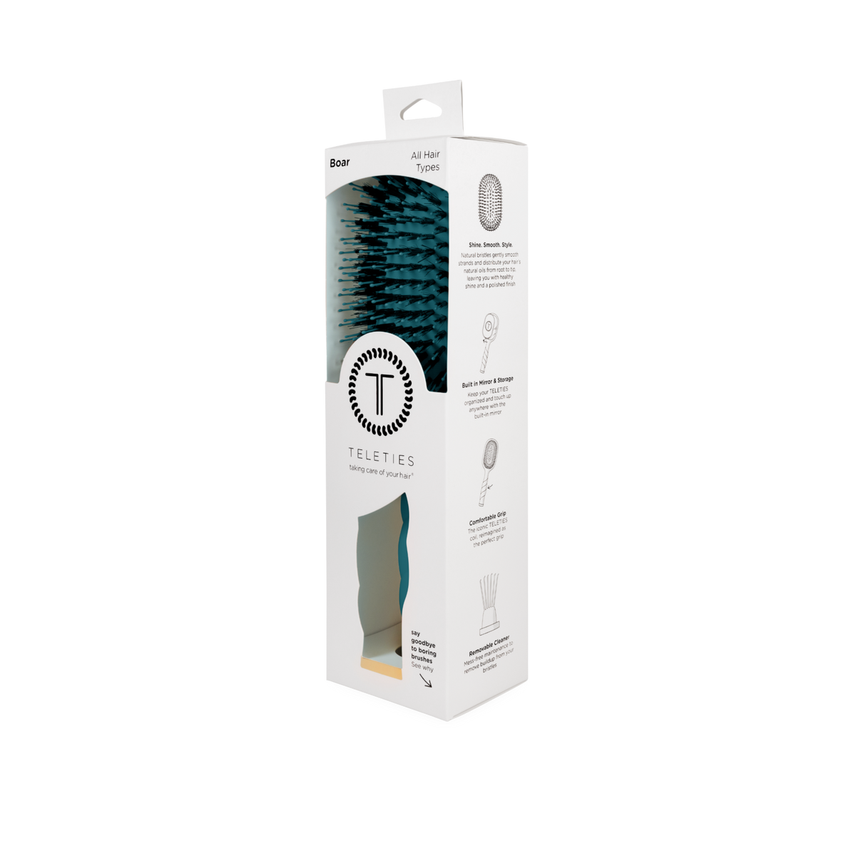 Boxed TELETIES Boar Bristle Hair Brush - Teal With It, for all hair types, in white packaging with black text, TELETIES logo, product details, and benefits like glossy finish and frizz control. Available in multiple sizes.