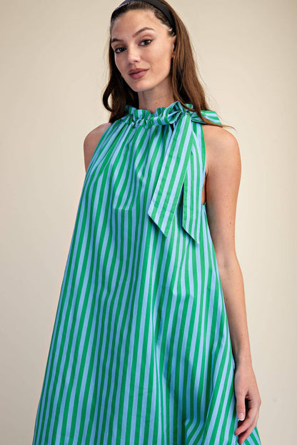 Stripe Midi Dress With Sleeveless Ruffle Neck Tie in navy with vertical stripes, bow neckline. Available sizes: S.