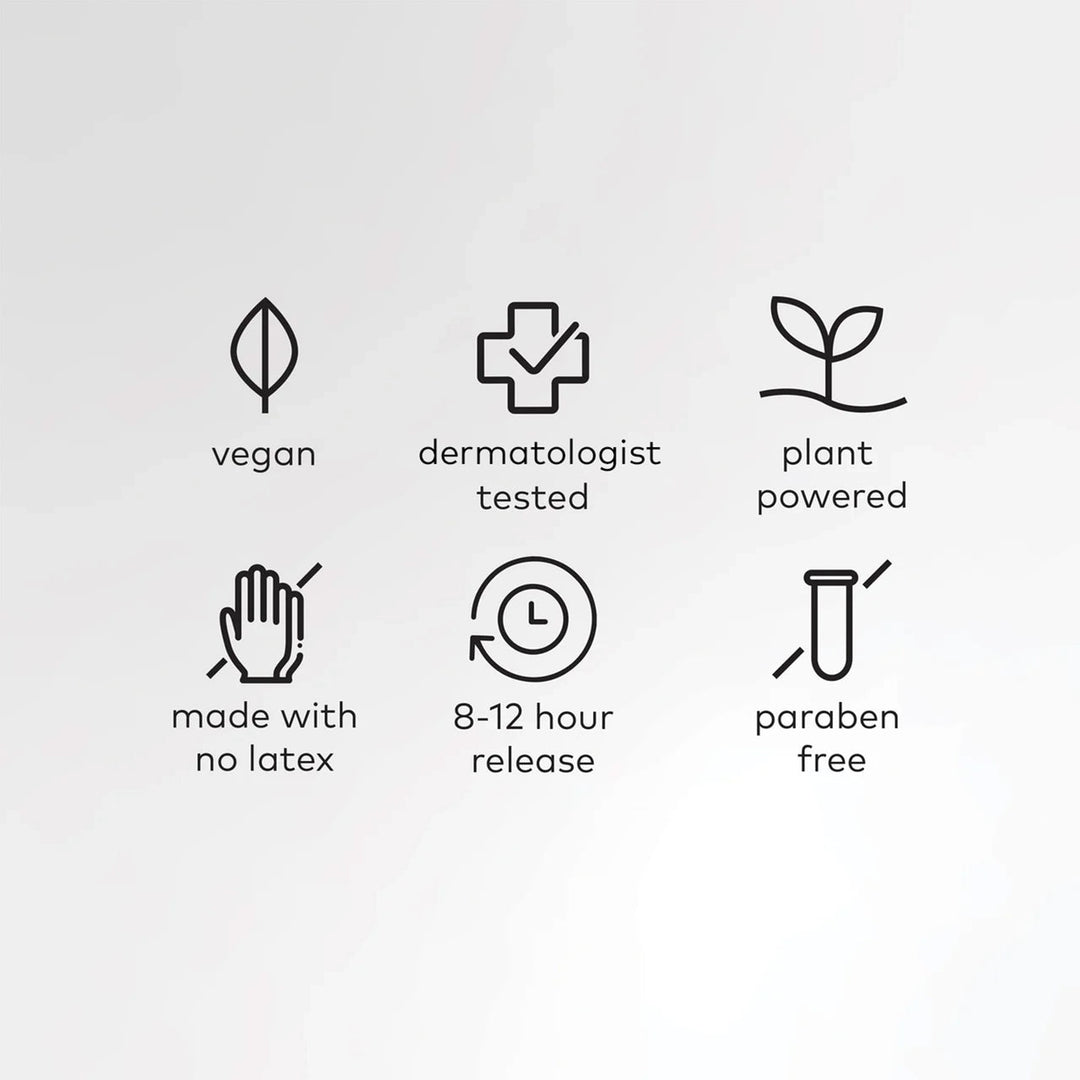 Relief Patch: vegan, dermatologist tested, plant-powered, no latex, 8–12 hr release, paraben free. Sizes available.