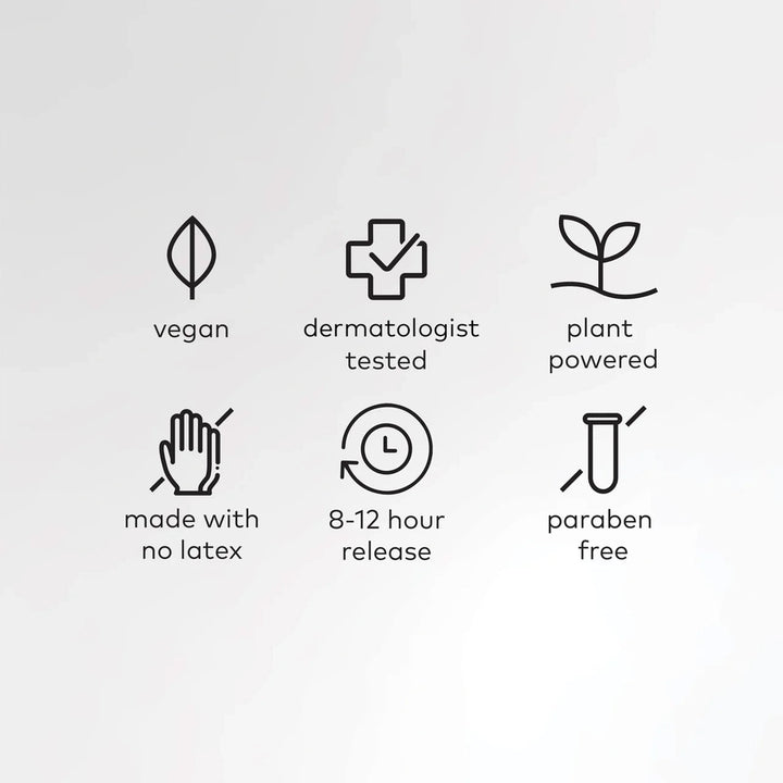 Relief Patch: vegan, dermatologist tested, plant-powered, no latex, 8–12 hr release, paraben free. Sizes available.