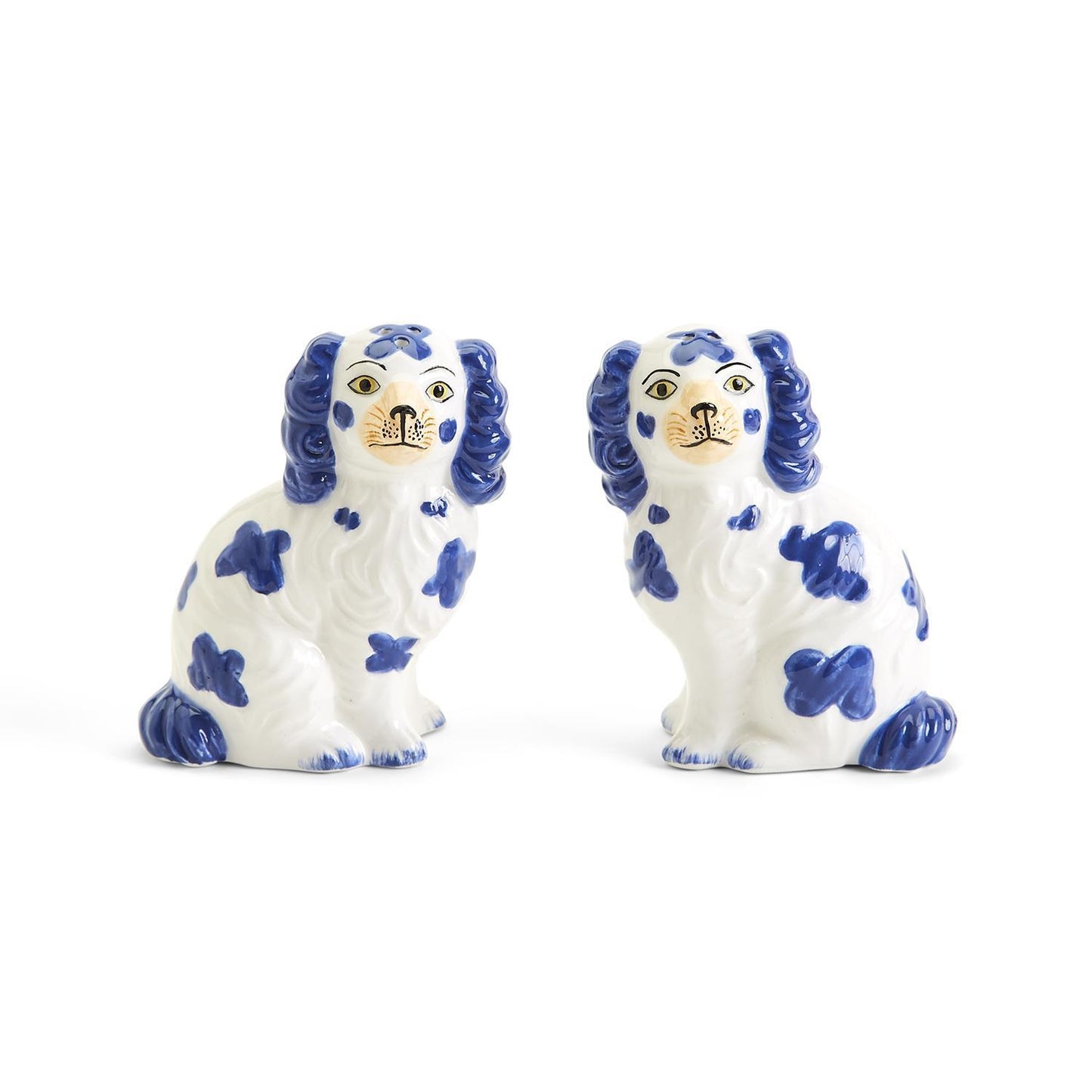 Staffordshire Dog Salt and Pepper Shaker Set of two ceramics, white with blue accents. Sizes available: standard shakers.