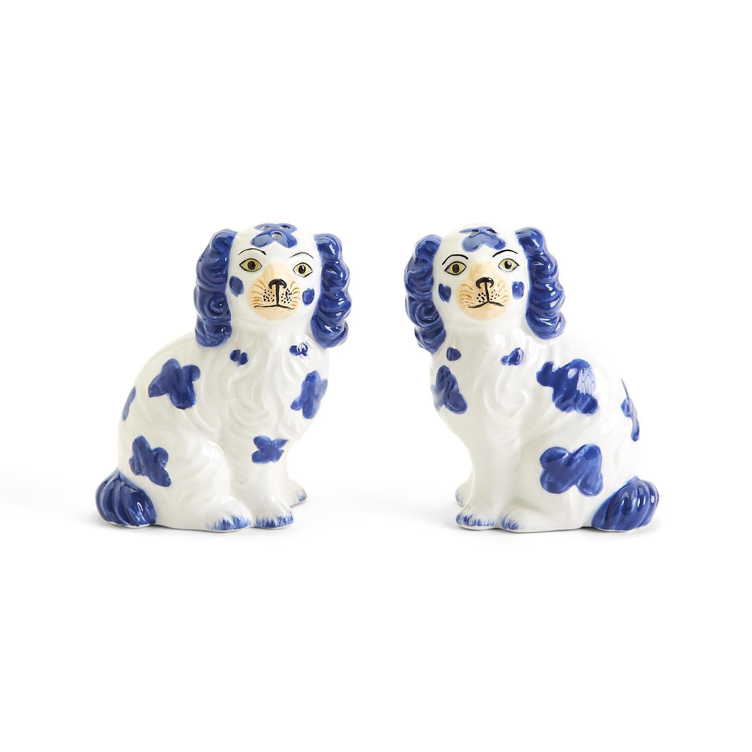 Staffordshire Dog Salt and Pepper Shaker Set of two ceramics, white with blue accents. Sizes available: standard shakers.