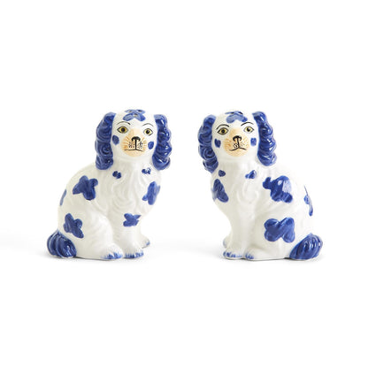 Staffordshire Dog Salt and Pepper Shaker Set of two ceramics, white with blue accents. Sizes available: standard shakers.