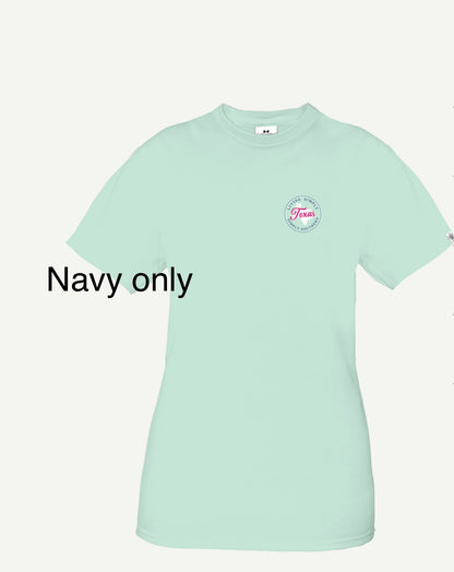 Mint green t-shirt with a small circular logo on the left chest area labeled "Texas" and text underneath saying "State TX Navy," available in multiple sizing options.