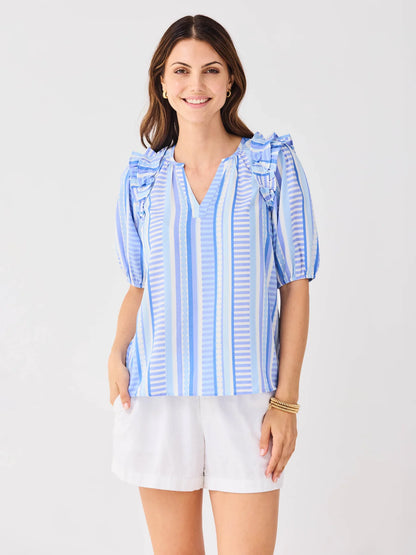 Skylar Simply Striped Blue Top: vertical blue/white stripes, ruffled shoulders. Available in sizes XS-XL.