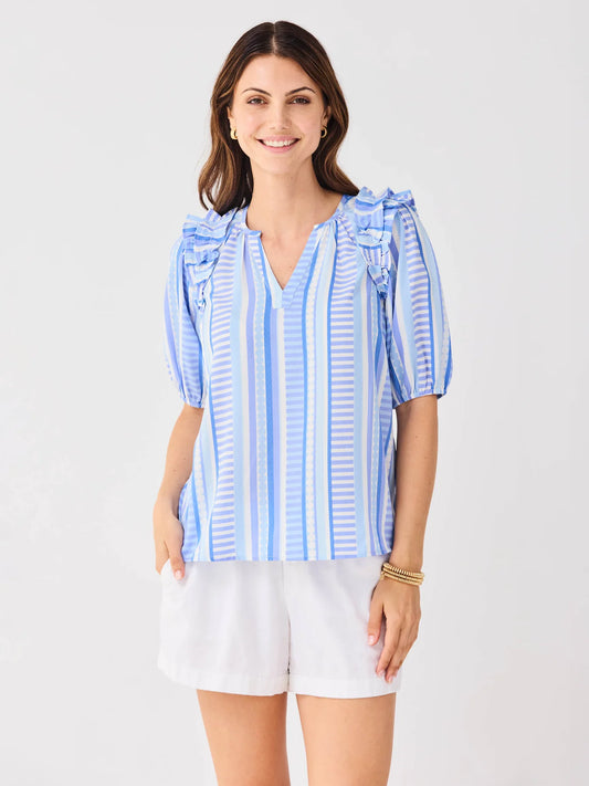 Skylar Simply Striped Blue Top: vertical blue/white stripes, ruffled shoulders. Available in sizes XS-XL.