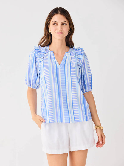 Skylar Simply Striped Blue Top, featuring blue and white stripes. Available in sizes XS–XL.