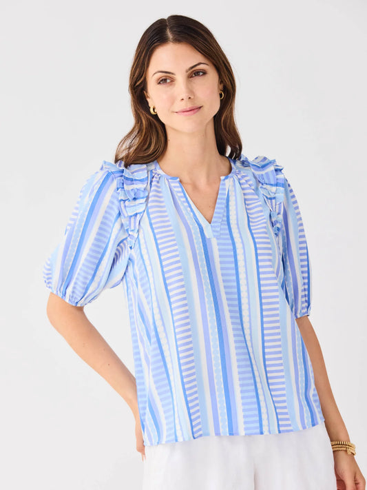 Skylar Simply Striped Blue Top: light blue/white, puff sleeves, ruffled shoulders. Available in XS-XL.