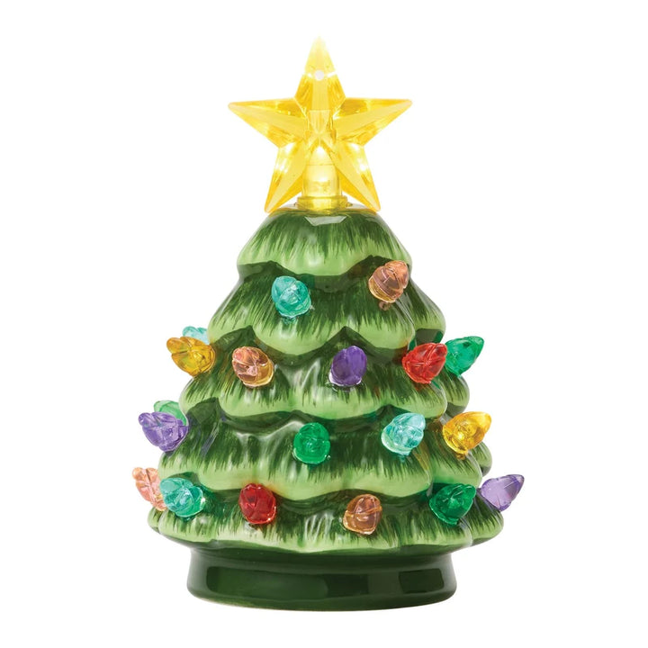 Green ceramic lit Christmas tree with hand-painted multicolored bulbs and illuminated yellow star topper.
