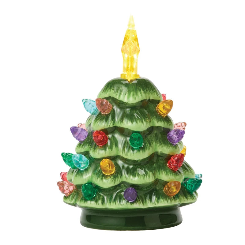 Green ceramic lit Christmas tree with multicolored bulbs and a yellow star topper.