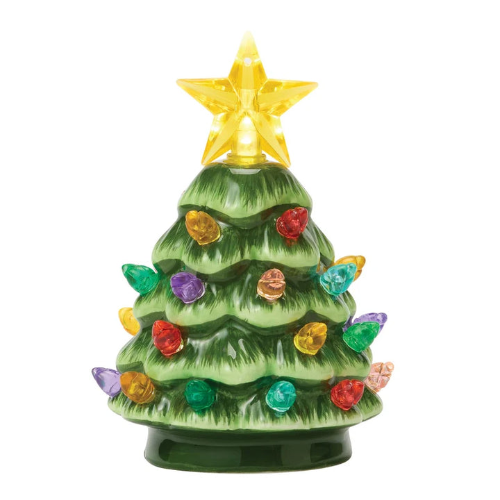 Green ceramic lit Christmas tree with multicolored bulbs and a yellow star topper.