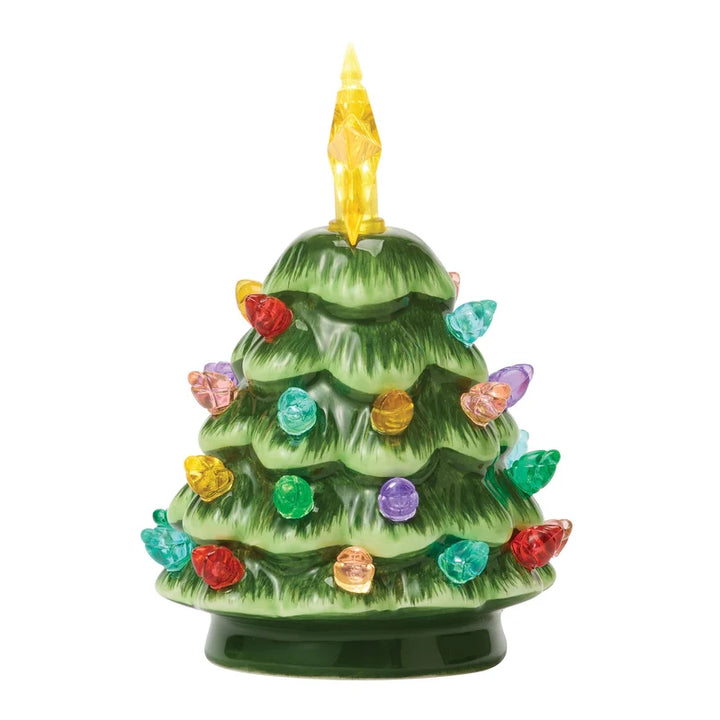 Green ceramic lit Christmas tree with multicolored hand-painted bulbs and a yellow star topper.