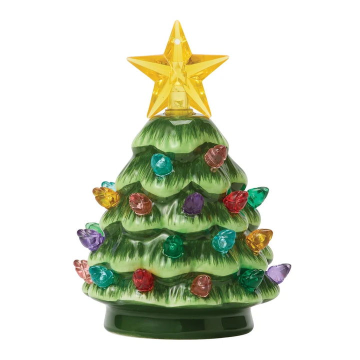 Green ceramic lit Christmas tree with hand-painted glowing bulbs and yellow star topper. Available in various sizes.