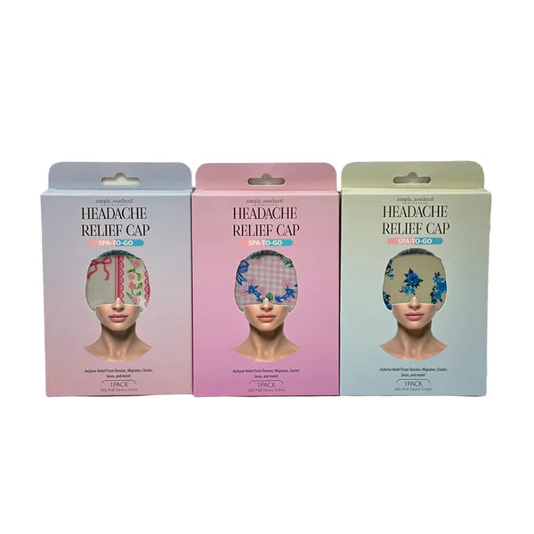 Three pastel Headache Relief Cap boxes in different designs; sizes S, M, and L are available.