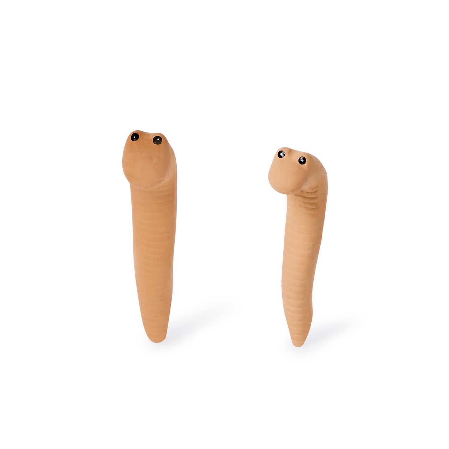 Two light brown terracotta Water Worm Plant Water Sensors with ridged bodies and small black eyes. Available in small and large.