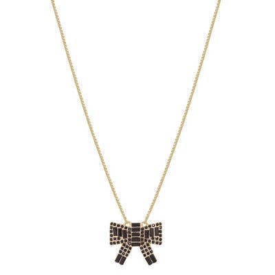 Geometric crystal bow pendant necklace with gold accents and black stones. Available in 16", 18", and 20" sizes.