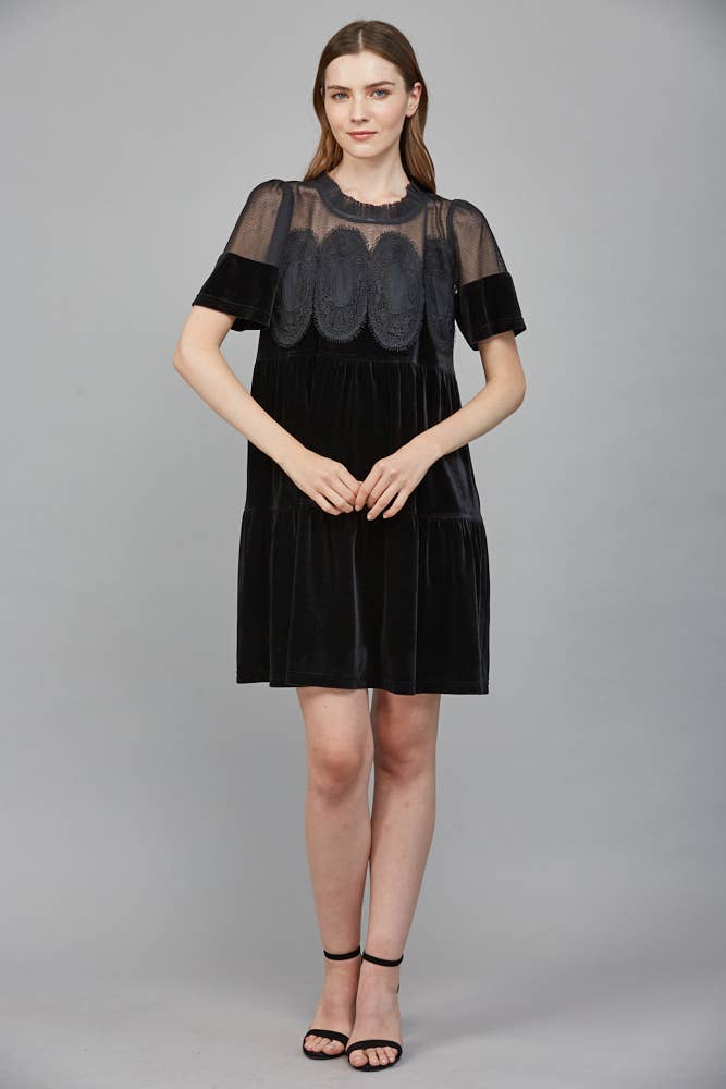 Contrast Sheer Mesh With Intricate Lace Detail Velvet Dress