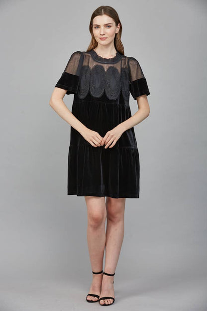 Contrast Sheer Mesh With Intricate Lace Detail Velvet Dress