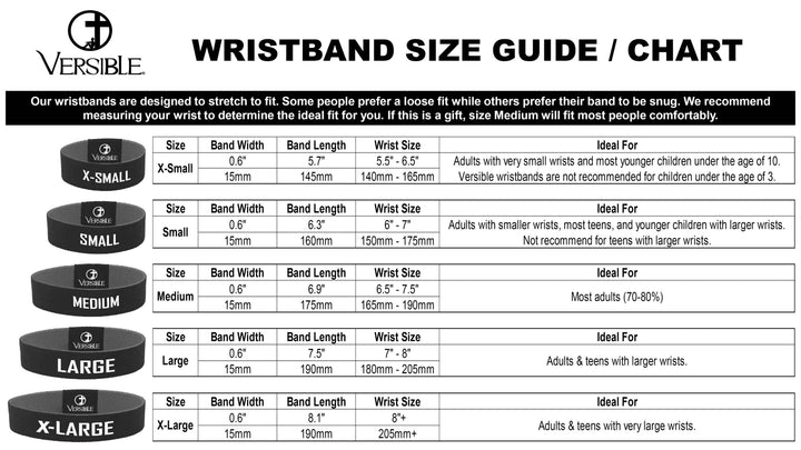 Tap To Pray™ Safari Leopard wristbands size guide: X-Small to XX-Large, widths, lengths, wrist sizes; five wristband images.