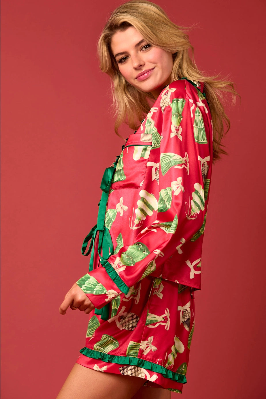 Satin Christmas Check Prints Pajama Set