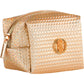 Small gold textured zippered pouch with pineapple emblem and iridescent woven fabric; available in one size.