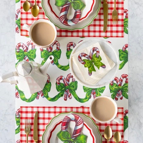 Festive Candy Canes Table Runner with candy canes and green bows. Available in multiple sizes.